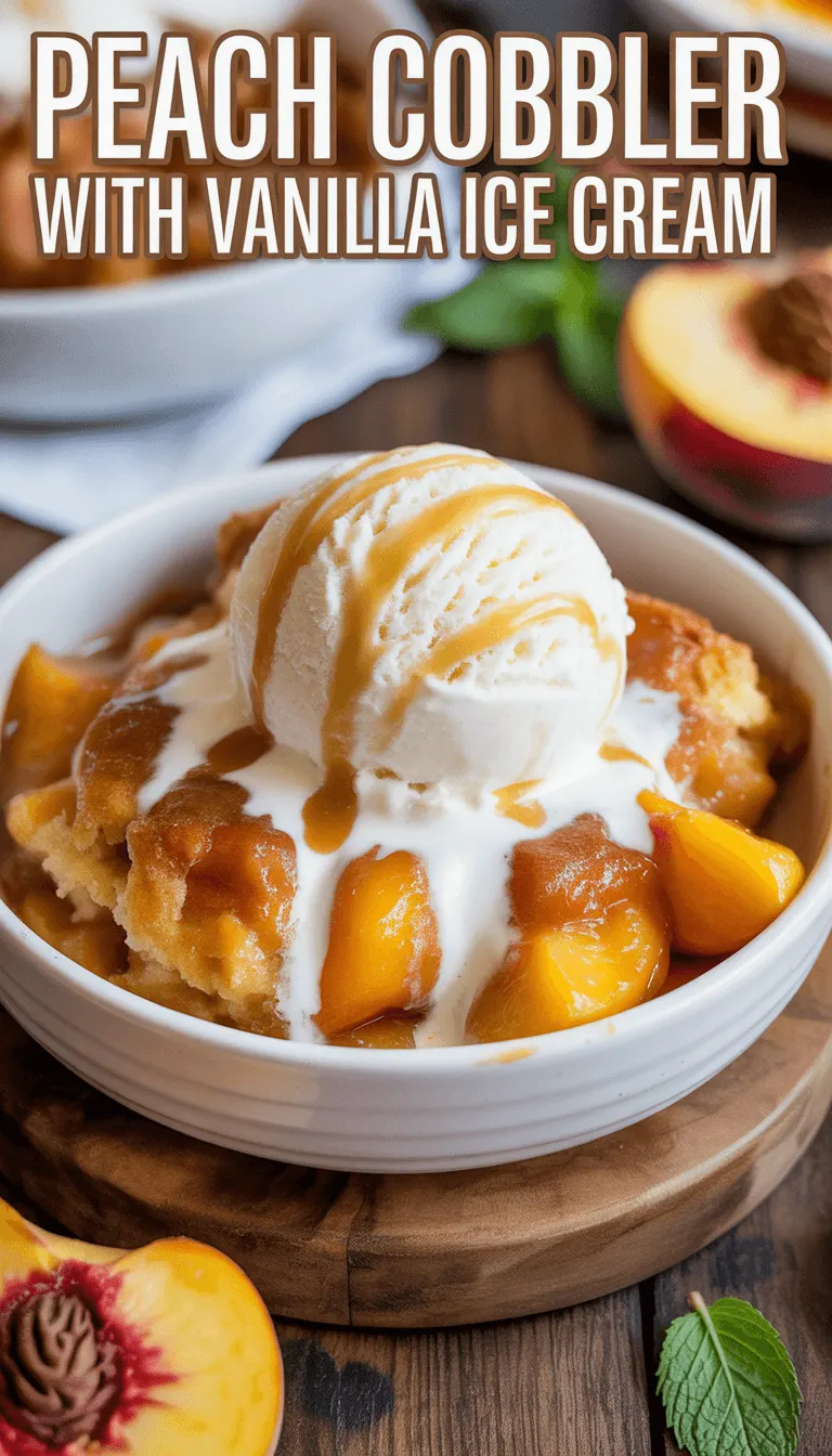 Delicious Peach Cobbler with Vanilla Ice Cream