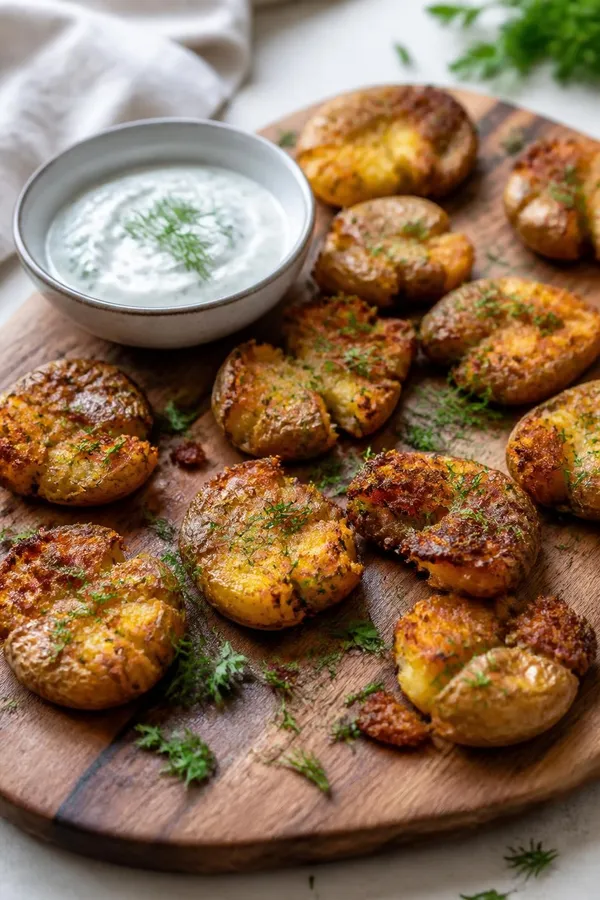 Crispy Smashed Potatoes β Garlic Herb Dip Ready in 45 Minutes
