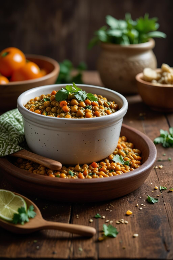 Creamy Coconut Lentil Bake with Mediterranean Pesto