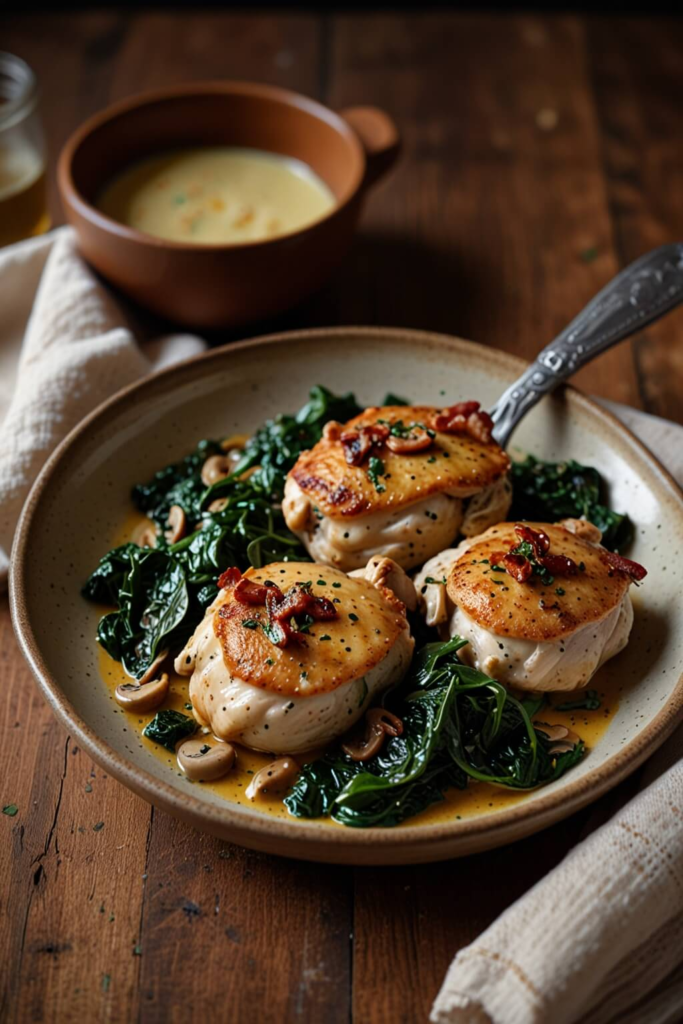 Smothered Chicken with Creamed Spinach Bacon And Mushrooms